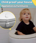 Six Pack Kid Safe Cabinet Locks For Cabinets And Drawers With Extra 3M Adhesives with a child playing on a toilet.