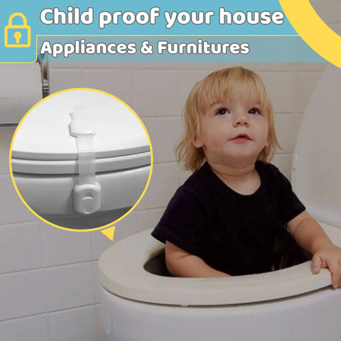 Six Pack Kid Safe Cabinet Locks For Cabinets And Drawers With Extra 3M Adhesives with a child playing on a toilet.