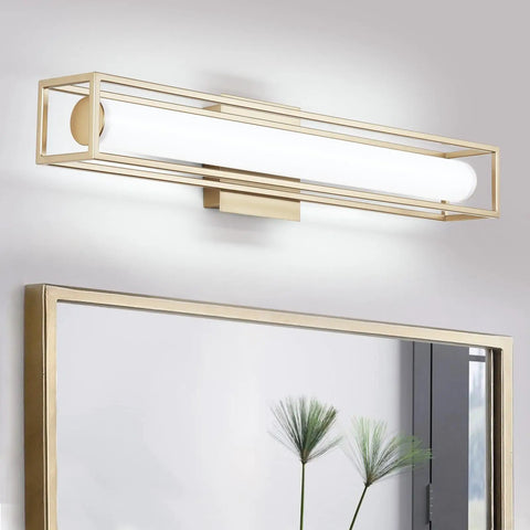 6000K Dimmable Vanity Light Bar For Bathroom, 26 Inch Champagne Gold LED Mirror Fixture over modern mirror
