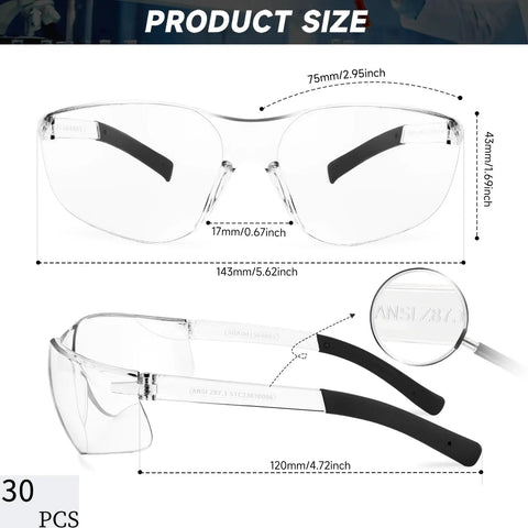 Product size chart for Heavy Duty Clear Safety Glasses For Guys Ansi Z87.1 Polycarbonate Eye Shields with dimensions and design details.