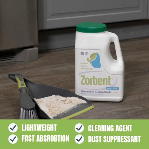 Zorbent ultra absorbent powder for all liquid spills beside dustpan and brush, commercial-grade, 16x absorbent, no dust, no odor.