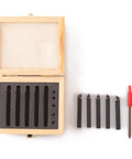 Oudtinx five-piece indexable carbide turning tool set in a wooden box with foam inserts; includes 1/4 inch shank tools.