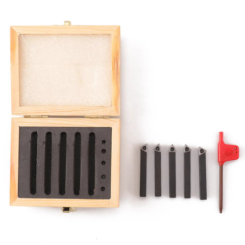 Oudtinx five-piece indexable carbide turning tool set in a wooden box with foam inserts; includes 1/4 inch shank tools.