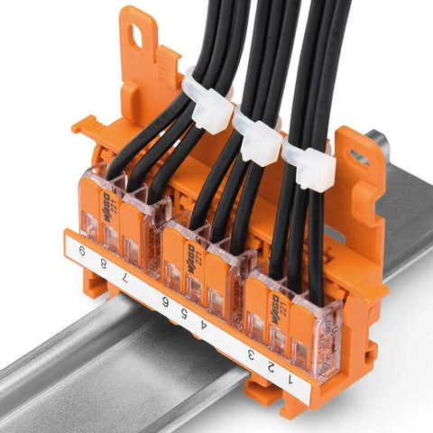 Go To Connection Terminal Set With 225 Pieces And 4 Mounting Adapters in use, installed on metal rail with black wires