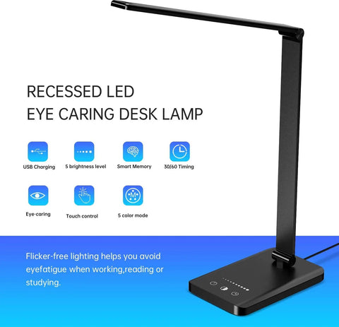 Slick LED Desk Lamp With Wireless Charger and USB Port Dimmable Eye Caring Reading Light, black base, side view