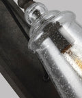 Close-up of Loras One Light Wall Sconce In Traditional Style With Weathered Iron Finish, showing clear textured glass detail