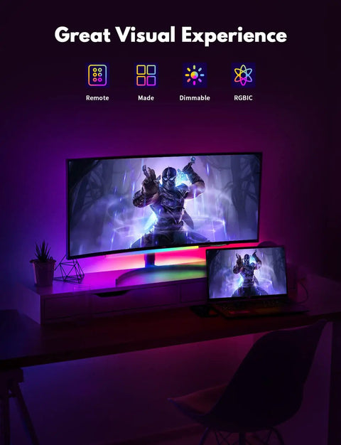 Under Monitor RGB Light Bar For Dope Desk Setup USB Powered LED Ambient Light For PC And Gaming behind a monitor