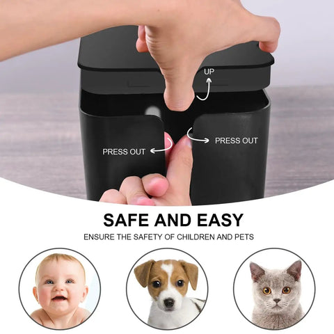 Person demonstrating lid mechanism of Two Pack Large And Medium Bamboo Style Cable Organizer Boxes with safety feature icons