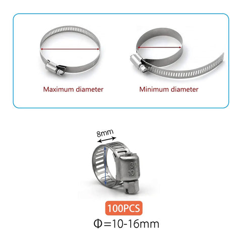 Beefy Stainless Steel Hose Clamps Set, 100 Pack, Worm Gear Adjustable Clamps For 10 To 16mm 3 8 To 5 8 Inch Fuel Line, Marine Auto Water
