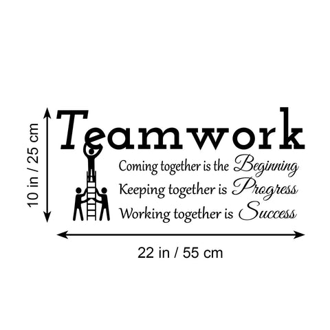 Teamwork Motivation Wall Decal Inspirational Quote About Coming Together Is The Beginning Keeping Together Is Progress Working Together Is Success For Office Walls 22X10 Matte Vinyl Removable Decor Vibe displayed with dimensions.