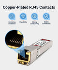 10G SFP Plus To RJ45 Copper Adapter With Auto Sensing and Low Power Under 2.5W showcasing copper-plated RJ45 contacts