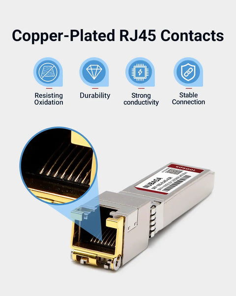 10G SFP Plus To RJ45 Copper Adapter With Auto Sensing and Low Power Under 2.5W showcasing copper-plated RJ45 contacts