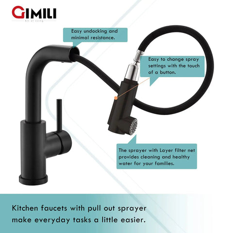 Modern Bar Sink Faucet With Pull Out Sprayer, Single Handle, Matte Black Kitchen Faucet With Joystick, ideal for bars and small kitchens