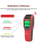 UT387C Heavy Duty Stud Finder And Wall Scanner With Live Wire Detector displays LED indicators for detecting wood and metal.