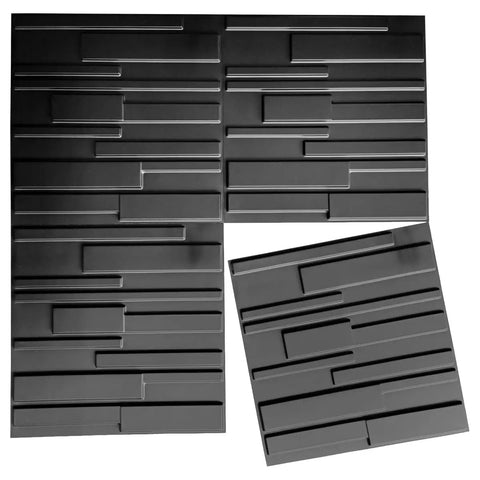 12 Pack 3D Wall Panels For Indoor Decor In Carbon Black 19.7 X 19.7 Inches Lightweight PVC Fire Resistant DIY Friendly Kit Covers About 32 Sq Ft Matte Black Wall Paneling, showing textured design and layout.