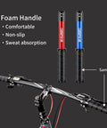 Red and blue foam handle grips on bicycle handlebars with sweat absorption details.