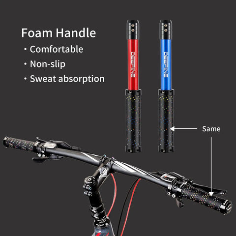 Red and blue foam handle grips on bicycle handlebars with sweat absorption details.