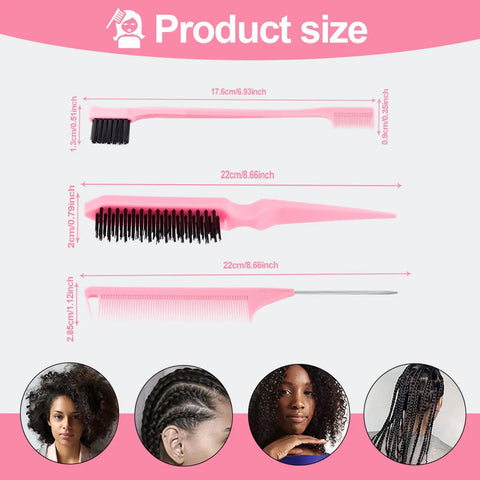 3 Pcs Slick Back Hair Brush Rat Tail Comb Edge Brush Set for Girls Kids Toddlers Sleek Ponytail Bun Edge Control in pink