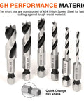 Heavy Duty Brad Point Stubby Drill Bit Set For Woodworking With 6 Pack Hss 4241 Steel Quick Change Hex Shank Boring Tools viewed from above.