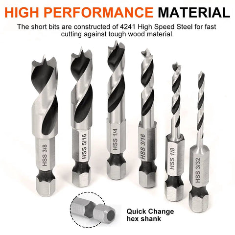Heavy Duty Brad Point Stubby Drill Bit Set For Woodworking With 6 Pack Hss 4241 Steel Quick Change Hex Shank Boring Tools viewed from above.