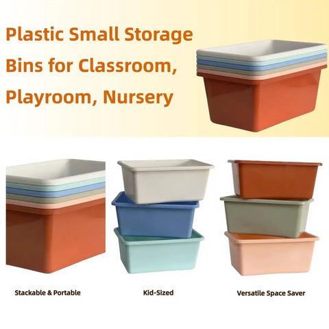 Six Pack Small Cubby Bins Set For Home Playroom And Classroom, Stackable Plastic Storage Bins In Boho Colors Smoke Blue Tan Mint Green Peach Sand Clay