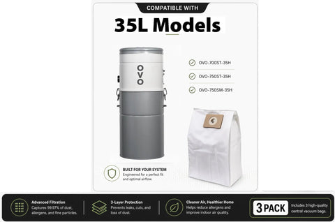 Triple Layer Central Vacuum Disposable Filter Bags Kit 22.5L 5.81 Gal For OVO-700ST-35H displayed with compatible 35L unit.