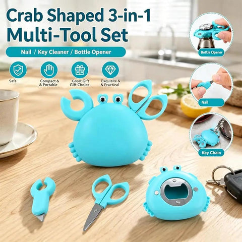 Magnetic Crab Shaped 4-in-1 Multi Tool Box Cutter With Bottle Opener And Handy Mini Scissors on wooden table.