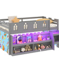 Twin Loft Bed With LED Lights And Curtain, Low Loft Bed With Stairs, Guardrail, Storage Bookcase And Under Bed Play Space