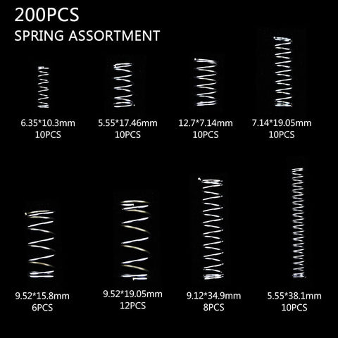 Heavy Duty Steel Wire Extension Spring Replacement Kit, 200 Piece Spring Assortment With Zinc Plated Coils, different spring sizes visible