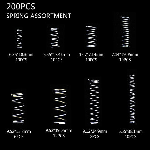 Heavy Duty Spring Assortment Kit 200-Piece Zinc Plated Steel Wire Extension Springs Set for Shop and Home Repairs variety sizes shown