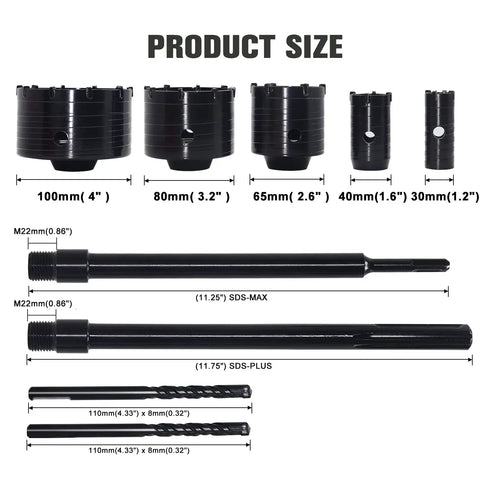 Masonry Hole Saw Kit 9 Piece Set 4 Inch Carbide Hole Saws With SDS Plus Max Shank 30mm 40mm 65mm 80mm 100mm sizes displayed.