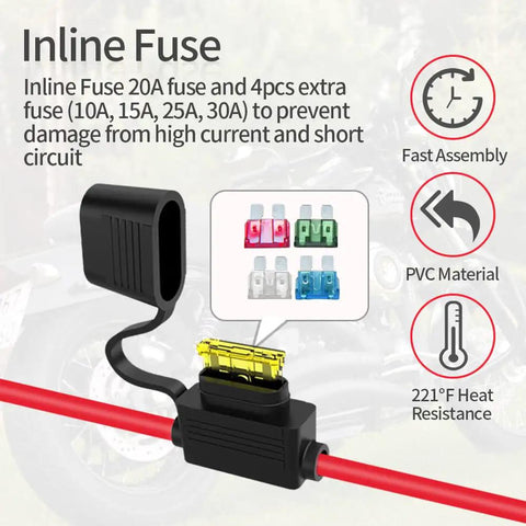 Inline fuse for 10 AWG 20 Ft Alligator Clip To SAE Connector Cable with 20A fuse, quick release adapter, durable tin copper wire.