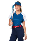Cool Royal Blue CNC Machinist Visor With Square Gauge Design, Breathable Mesh Sunglasses Hat For Tool Geeks And Shop Pros Who Need Custom Fit Style worn by woman holding bat.