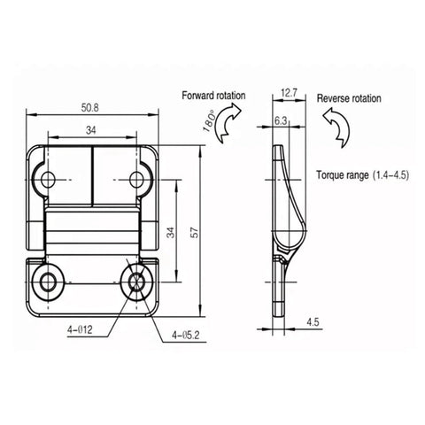 Technical diagram of Zinc Alloy Torque Hinge For Furniture And Doors Black 3.4Nm Torque Cabinet Box Position Hinge, side and top view.