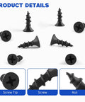 Number 8 x 5/8 Inch Flat Head Wood Screws With Black Oxide Finish shown from multiple angles, highlighting self-tapping design.