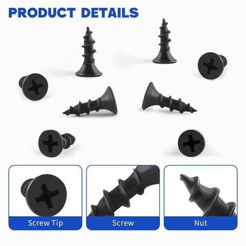 Number 8 x 5/8 Inch Flat Head Wood Screws With Black Oxide Finish shown from multiple angles, highlighting self-tapping design.