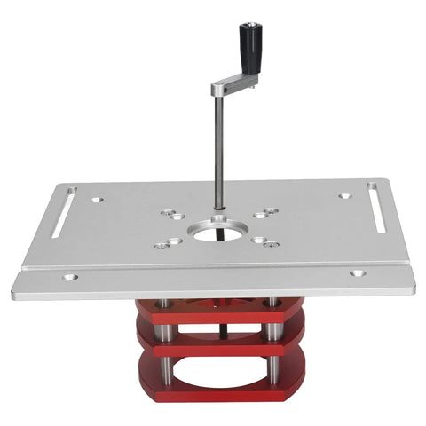 Heavy Duty Manual Lifting Router Table Kit With Rock Solid Aluminum Steel Base, 51mm lift height, red and silver design.