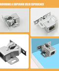8 Piece Silver Steel Ball Latches For Cabinet Doors With Low Profile Catch And Smooth Operation, four views on display