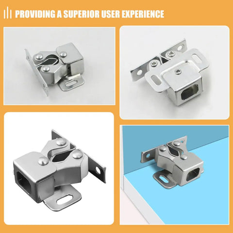 8 Piece Silver Steel Ball Latches For Cabinet Doors With Low Profile Catch And Smooth Operation, four views on display