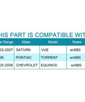 Compatibility chart for Front Wheel Hub And Bearing Assembly With Abs Replacement For Saturn Vue 2002 2007 Pontiac Torrent 2006 Chevy Equinox 2005 2006