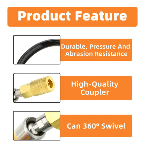 Product features of Coiled One Quarter Inch Ten Feet Reinforced Polyurethane Air Hose with Bend Restrictor and 360 Degree Swivel Coupler