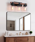Industrial Rustic Farmhouse Vanity Light Fixtures Three Light Over Mirror With Pretty Glass Shades In Black Metal Wood Look