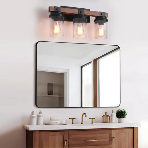 Industrial Rustic Farmhouse Vanity Light Fixtures Three Light Over Mirror With Pretty Glass Shades In Black Metal Wood Look