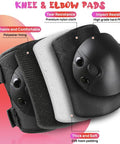 Kids Protective Gear Set Knee Elbow And Wrist Guards For Roller Skating Skateboarding BMX Cycling Inline Skating And Scooter Riding Size Medium Black Durable 3 Piece Safety Gear For Beginners showing nylon shell and foam padding.