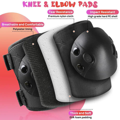 Kids Protective Gear Set Knee Elbow And Wrist Guards For Roller Skating Skateboarding BMX Cycling Inline Skating And Scooter Riding Size Medium Black Durable 3 Piece Safety Gear For Beginners showing nylon shell and foam padding.