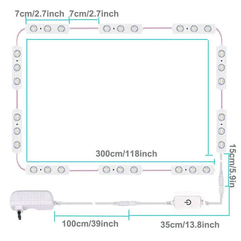 Diagram of Hollywood Style Vanity Makeup Lights 10 Foot Ultra Bright White LED Strip Dimmable With Touch Control layout