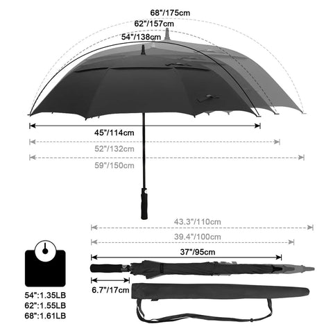 Automatic Open Golf Umbrella 47/54/62/68/72 Inch Oversize Black Windproof Waterproof Double Canopy With Vent diagram