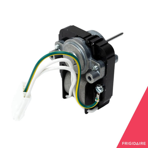 Evaporator Fan Motor Model 5304442620 replacement part for freezers, steel and black plastic build, angled view with wires