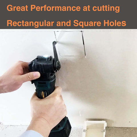 Drywall blade for oscillating tool cutting a rectangular hole in drywall; cordless teal-and-black multi-tool in use