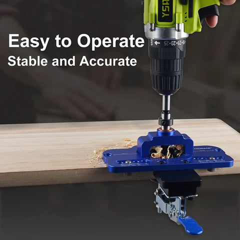 Professional Grade Concealed Hinge Jig With Secure Clamp And Adjustable Marking Scale For Accurate 35 mm Woodworking in use on a wooden board.